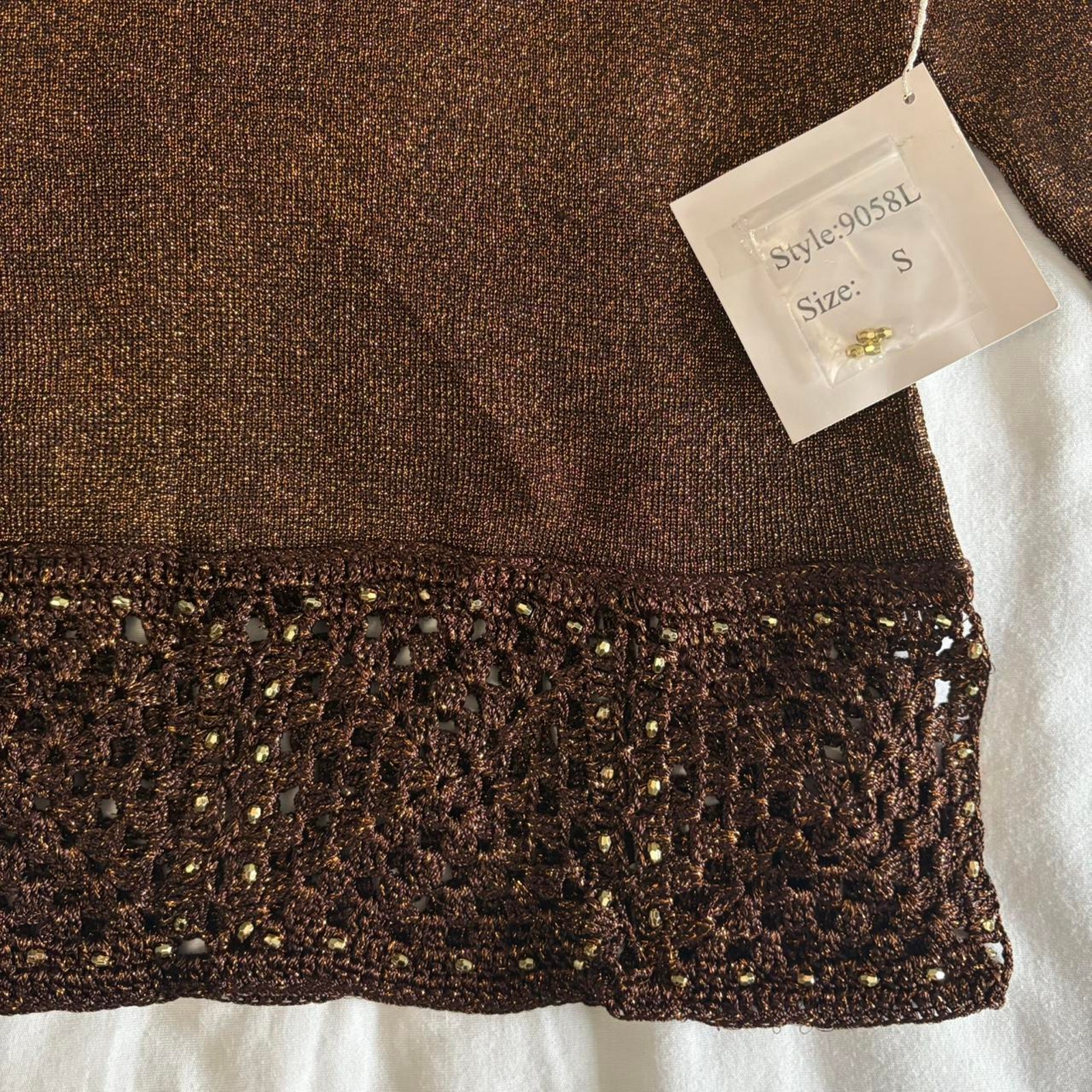 Bnwt Metallic Brown 3/4 Sleeve W Crochet Beaded Trim Sz S — image 7 of 8